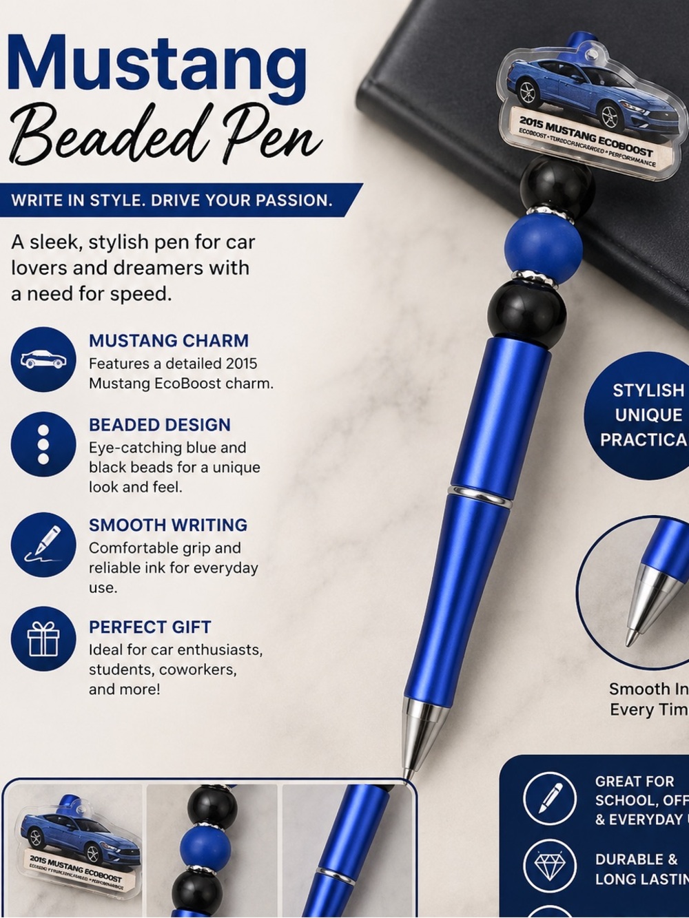 Hand Crafted Blue and Black Decorative Bead Pen